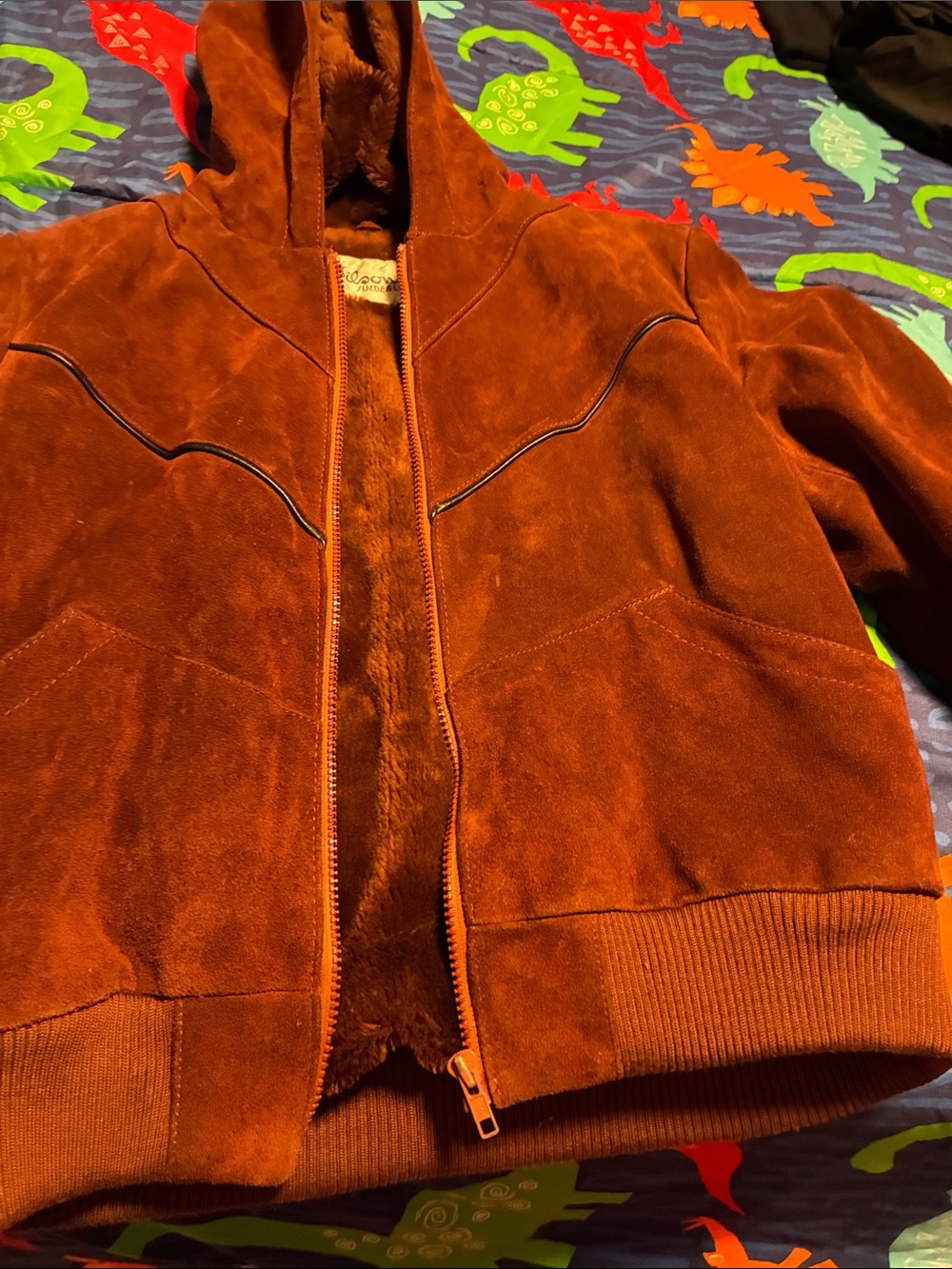 Rust Suede-Look Hooded Jacket with Fleece Lining